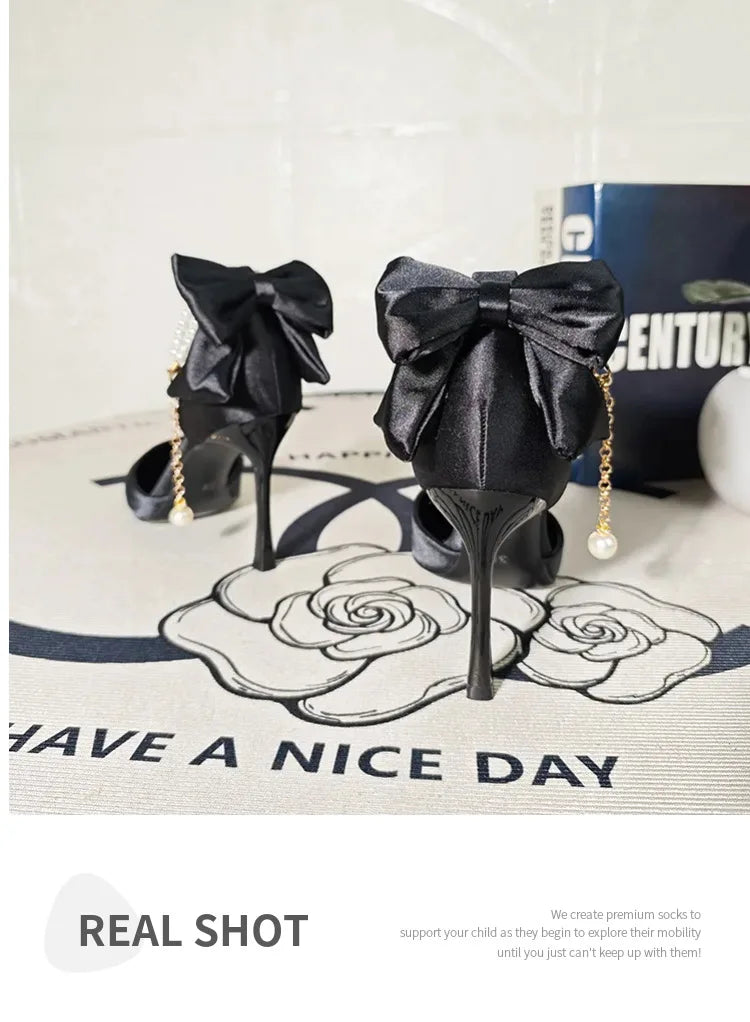 Plus 33-42 Pearl Ankle Strap Bow Heels Stiletto High Heels Women Pumps Wedding Shoes Bride Ladies Party Prom Closed-toe Sandals