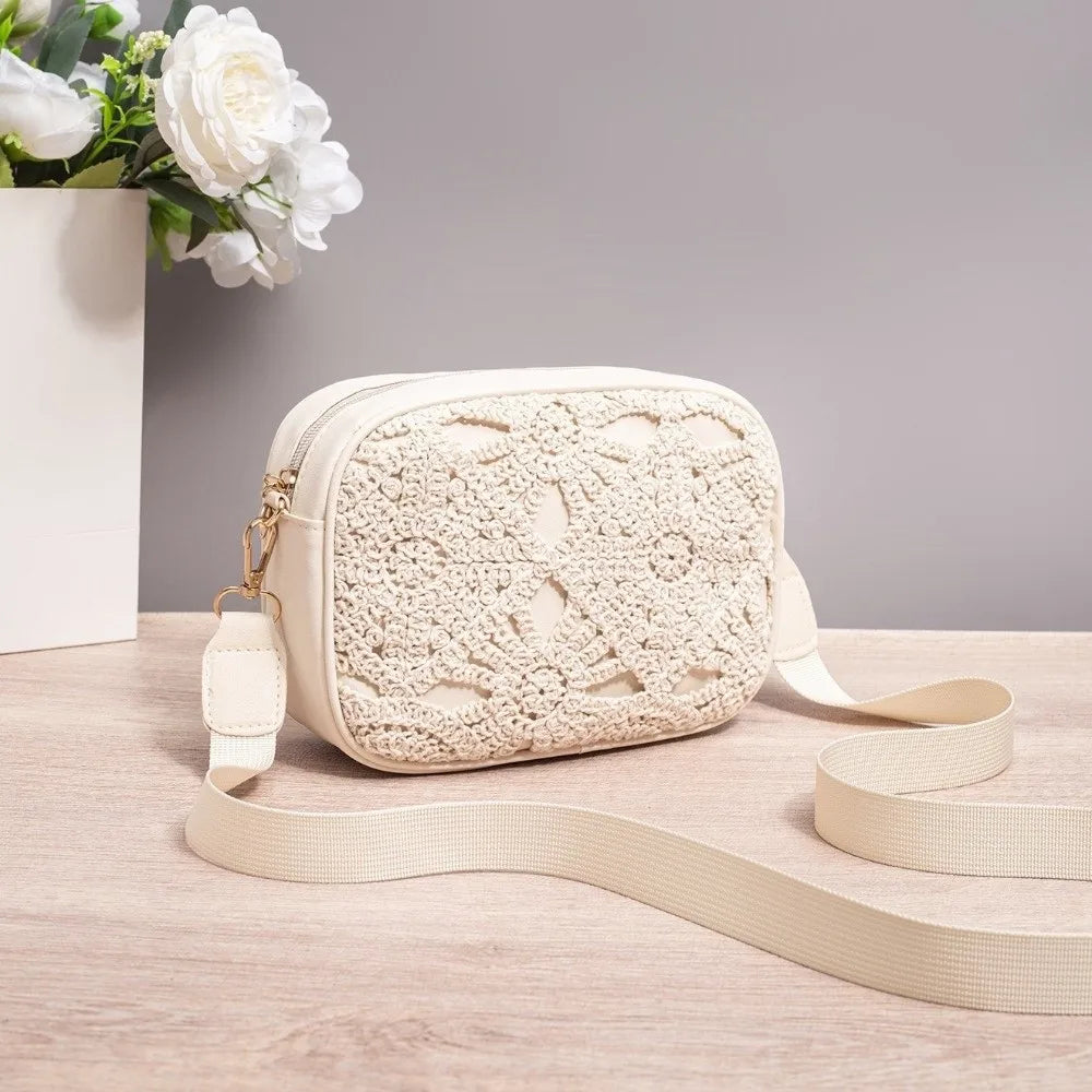 New Bohemian Style Hollow Square Bag PU Leather Ajustable Strap Crossbody Bag Zipper Clousure Boho Beach Bag Vacation Outfits