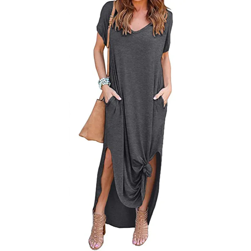 Women's Casual Maxi Dress V Neck Short Sleeve Dresses Loose Fit Long Dress with Pockets Side Slit Outfit Home Casual Daily Wear
