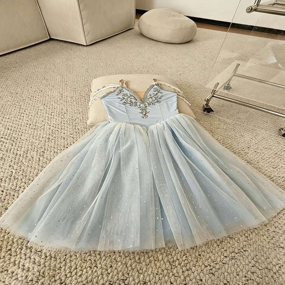 Girls Pearl Strap Light Blue Ballet Tutu Dress Sparkle Tulle Skirt Child Stage Performance Ballerina Dance Competition Costome