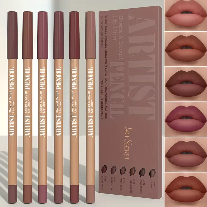 6pcs Velvet Matte Lip Liner Pencil Set - Long-Lasting Waterproof