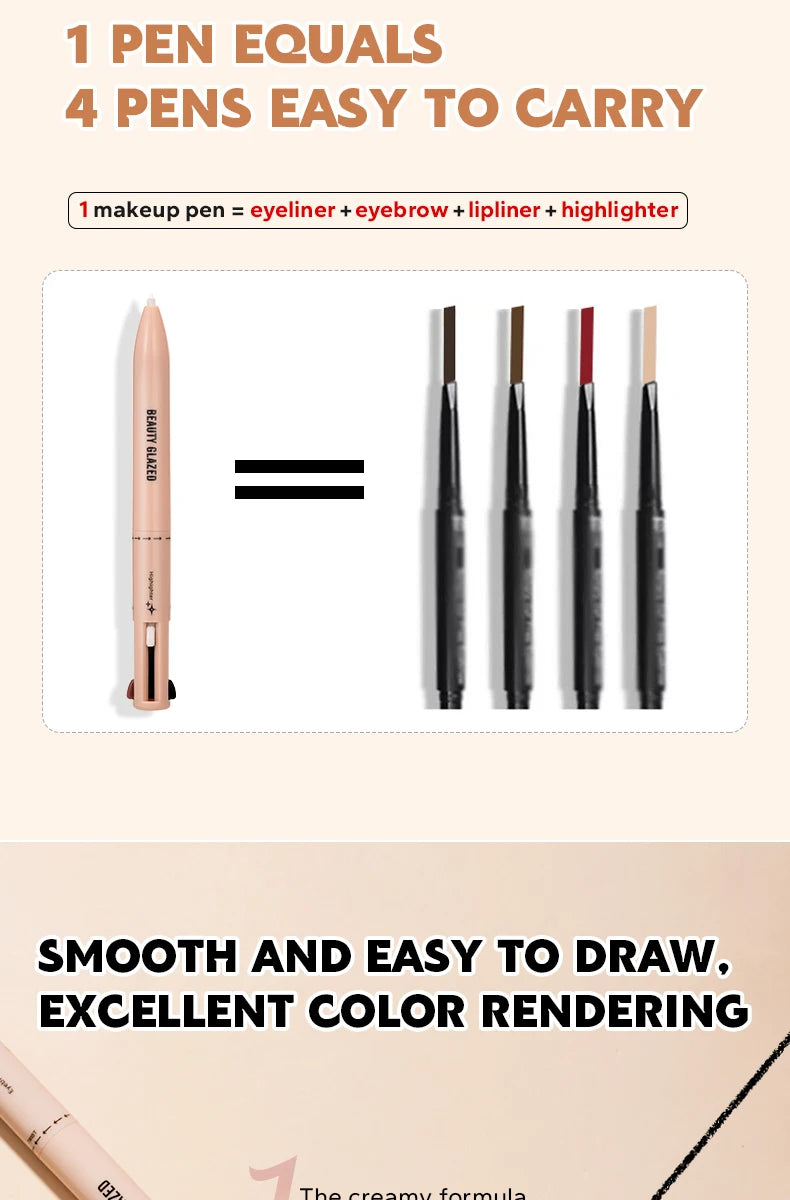 Beauty GlazedMulti-Function Beauty Glazed 4-in-1 Makeup Pen Waterproof Cosmetic Pencil for Eyeliner Brow Lip Highlighter