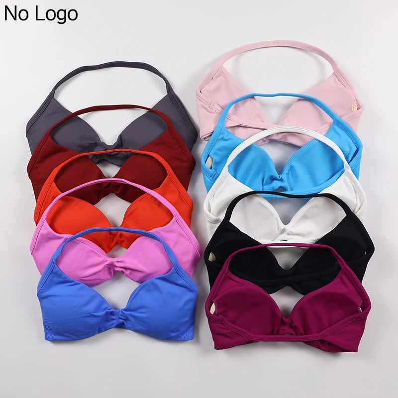 No Logo V-Neck Women's Low Support Ruched Halter Sports Bra Sexy Open Back Gym Crop Top Padded Seamless Workout Yoga Tank Tops