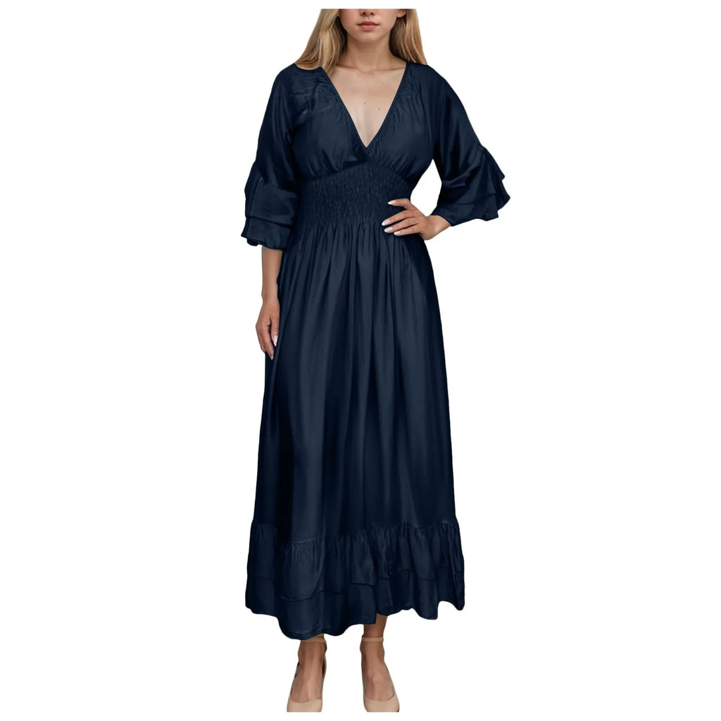 Womens Work Dresses Business Casual Women Sexy V Neck Ruffle 3/4 Sleeve Dress Casual Loose Ruffle Tiered Womens Sweater Dress