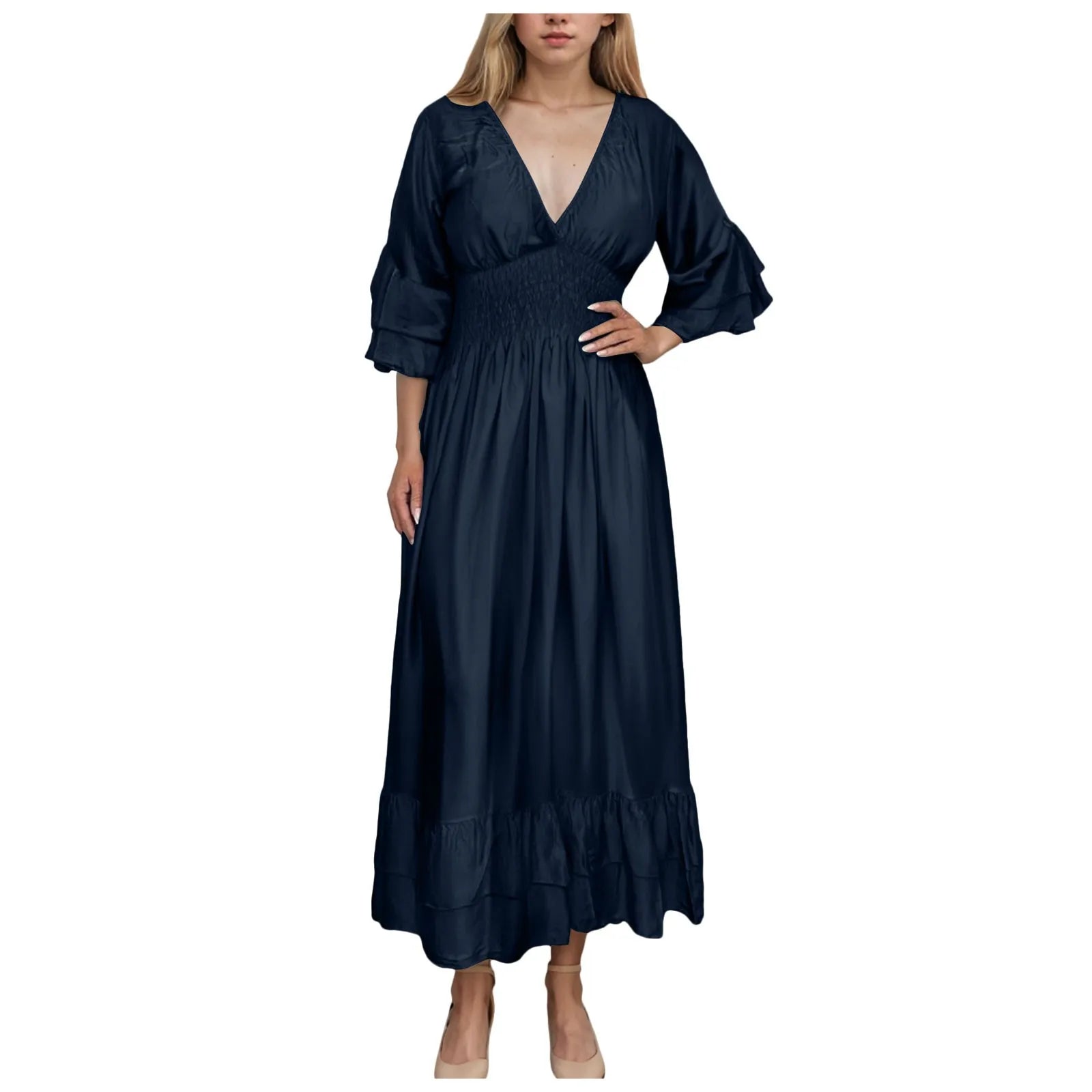 Womens Work Dresses Business Casual Women Sexy V Neck Ruffle 3/4 Sleeve Dress Casual Loose Ruffle Tiered Womens Sweater Dress