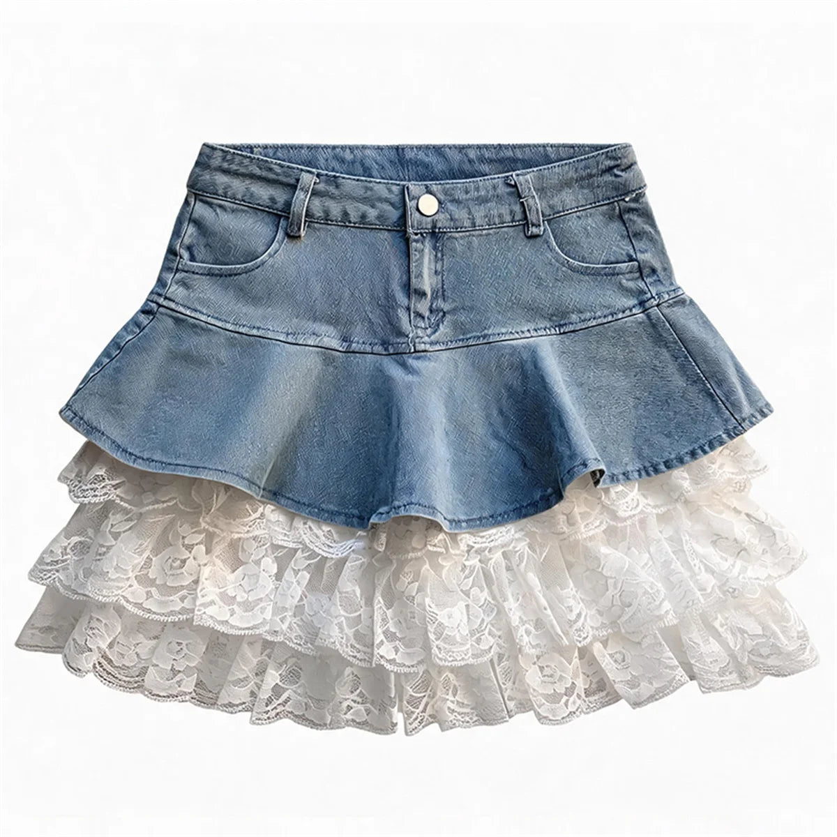 HotSweet Denim Patchwork Lace Mini Skirt 2026 Summer Ruffled Slimming A-Line Skirt For Women Streetwear Y2k Short Skirts