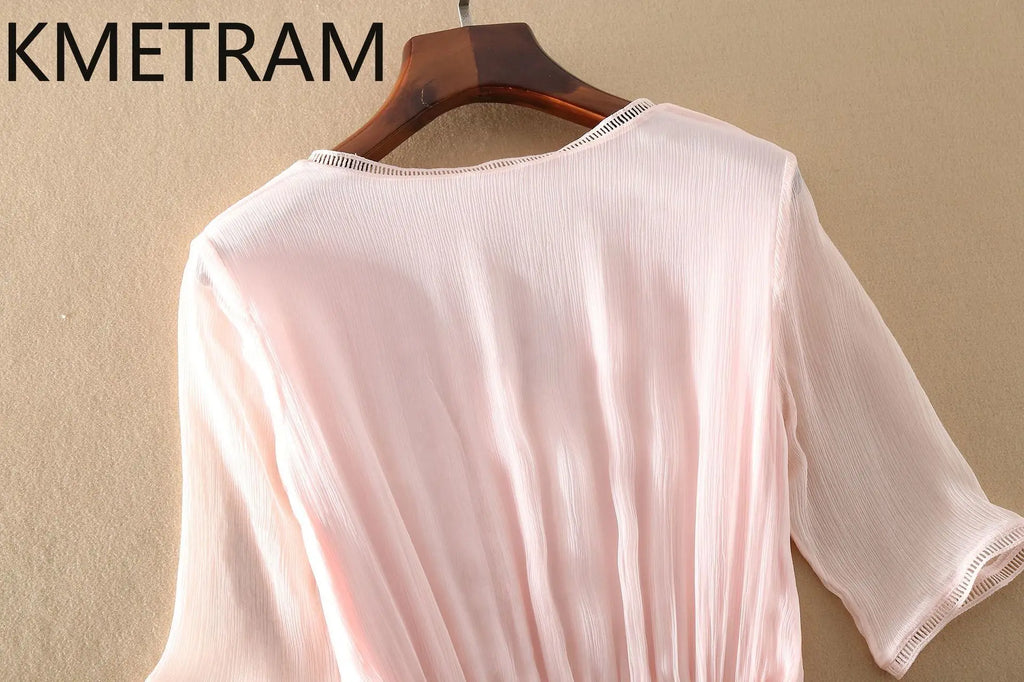 KMETRAM 100% Natural Mulberry Silk Dresses 2025 Woman Summer Elegant V-neck Long Dress Party Frocks Women Clothing Vestidos