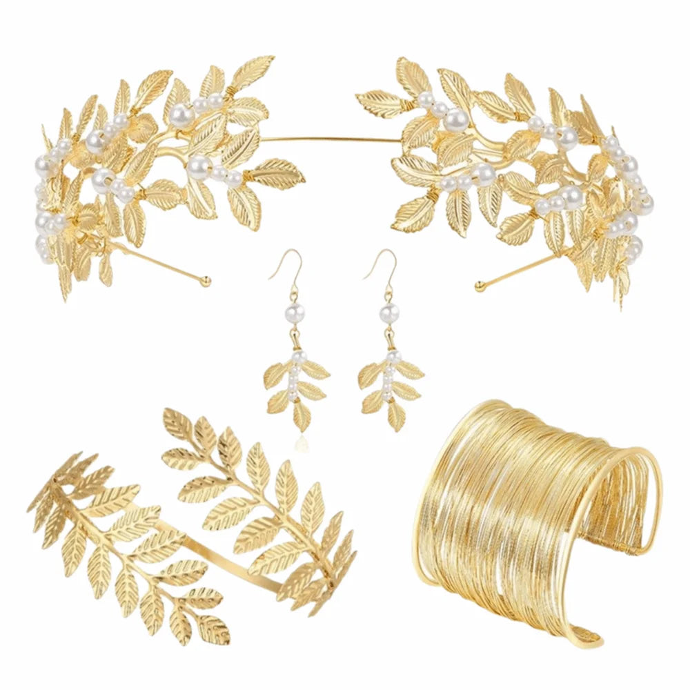 Conjunto de joyas de novia barrocas, diseño de hojas de oro, joyas para el pelo de diosa griega, pulsera, pendientes de pedrería