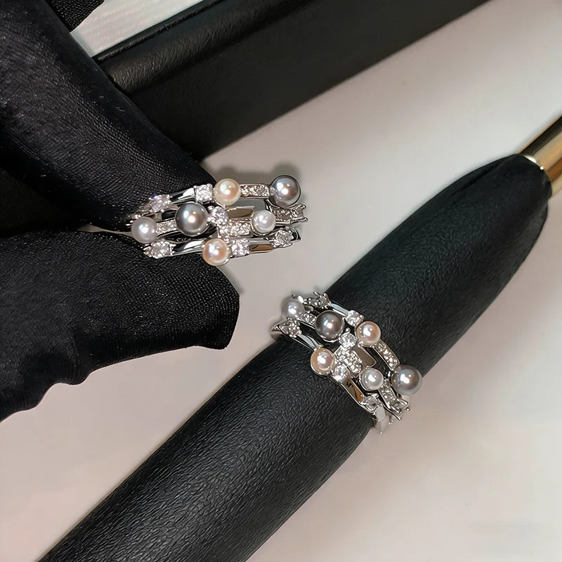 Cold Wind Imitation Pearl Zircon with Multi Layer Metal Open Rings 2026 Gothic Girl's Trendy Jewelry Luxury Jewelry For Women