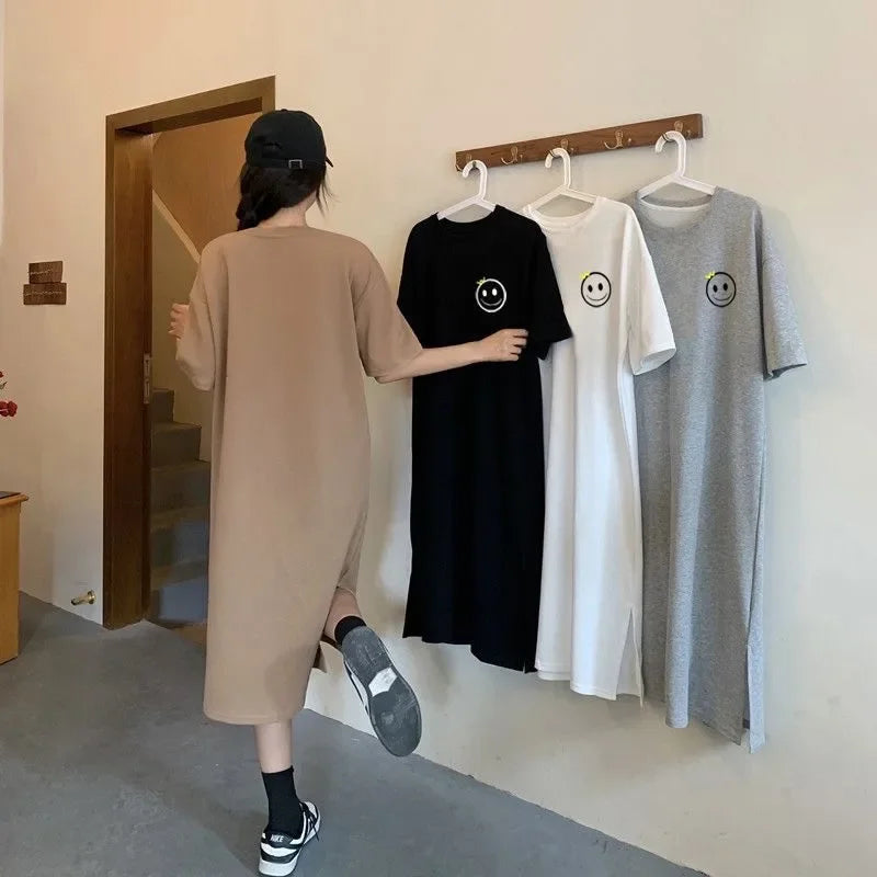 Plus Size Loose Short Sleeved Dress Women Korean Style Comfortable Casual Slit Dress Round Neck Slit Over-the-knee Long Dress