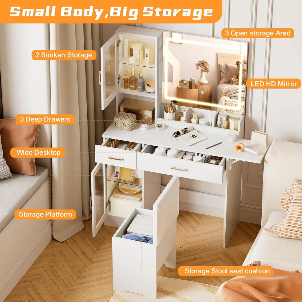 Vanity Desk with Mirror & LED Lights, Makeup Table with Stool & Storage Drawers for Bedroom, Customized