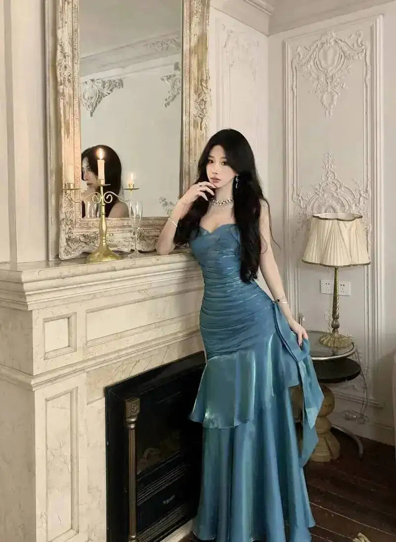 LGRQ 2026 Summer Blue Niche Strap Dress Fishtail Elegant Long Dresses Solid Color Female Elegant Party Gown 19DA2013