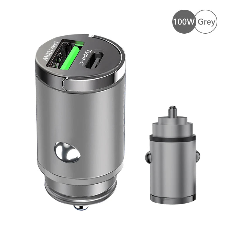 100W Mini Fast Car Charger, Dual Port USB-C and USB-A Adapter