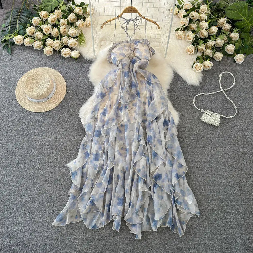 Fashionable Beach Vacation Strapless Backless Slimming Print Chiffon Dress with Ruffle Hem Gradient Coloring Knitted Fabric