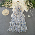 Fashionable Beach Vacation Strapless Backless Slimming Print Chiffon Dress with Ruffle Hem Gradient Coloring Knitted Fabric