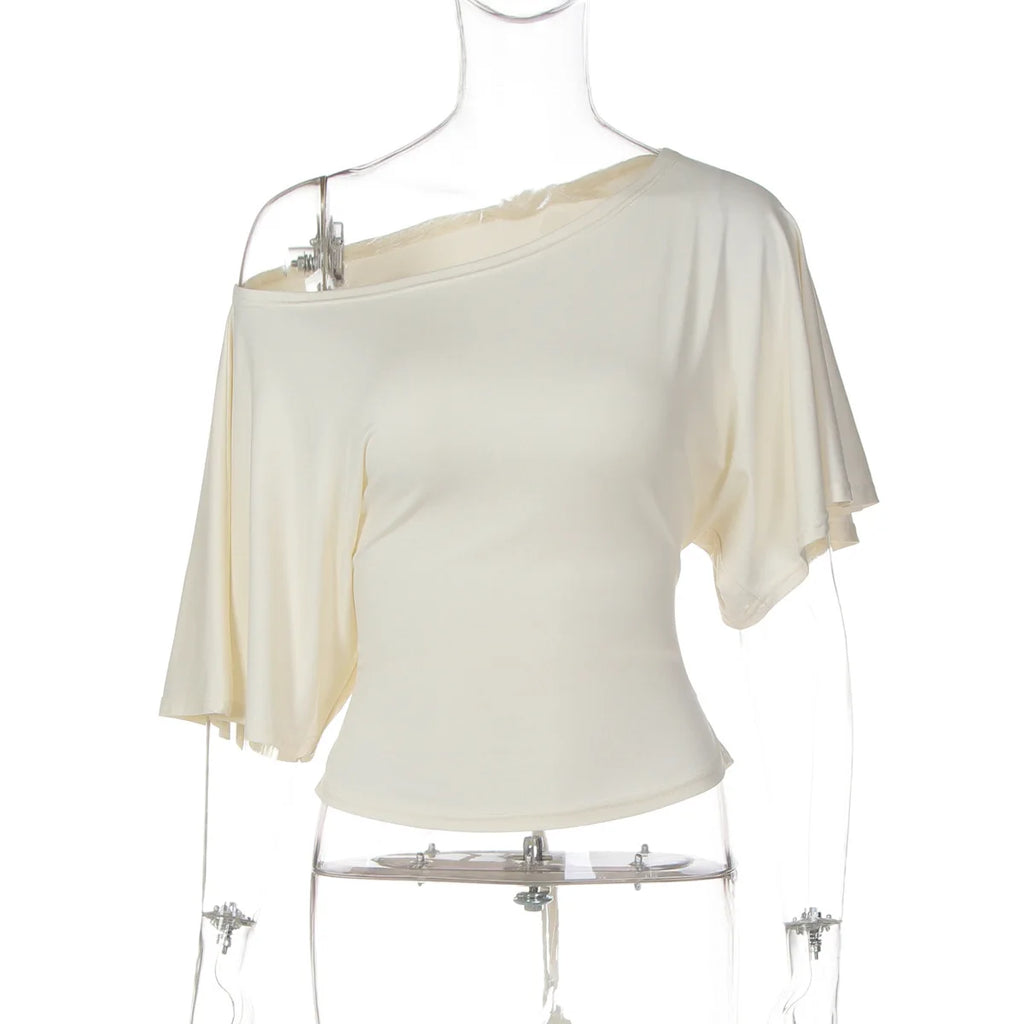 Casual Skew Collar Solid Slim Crop Tops Women Sexy Lace Up Short Sleeve T-shirt Autumn Female Streetwear Clothes Party Office