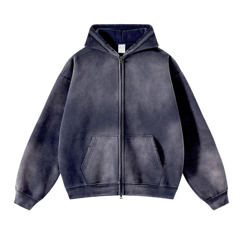 Maqvob European And American High Street Autumn Tie Dye Washed Vintage 360G Fleece Lined Double Zip Puller Sweatshirt Hoodie