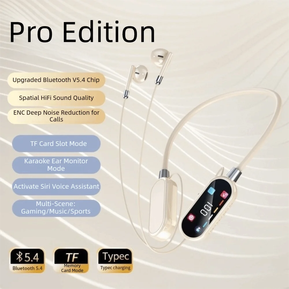 Wireless Wireless Earphones Long Battery Life HiFi Stereo Neckband Headphones HD Mic LED Display Screen Sports Headset