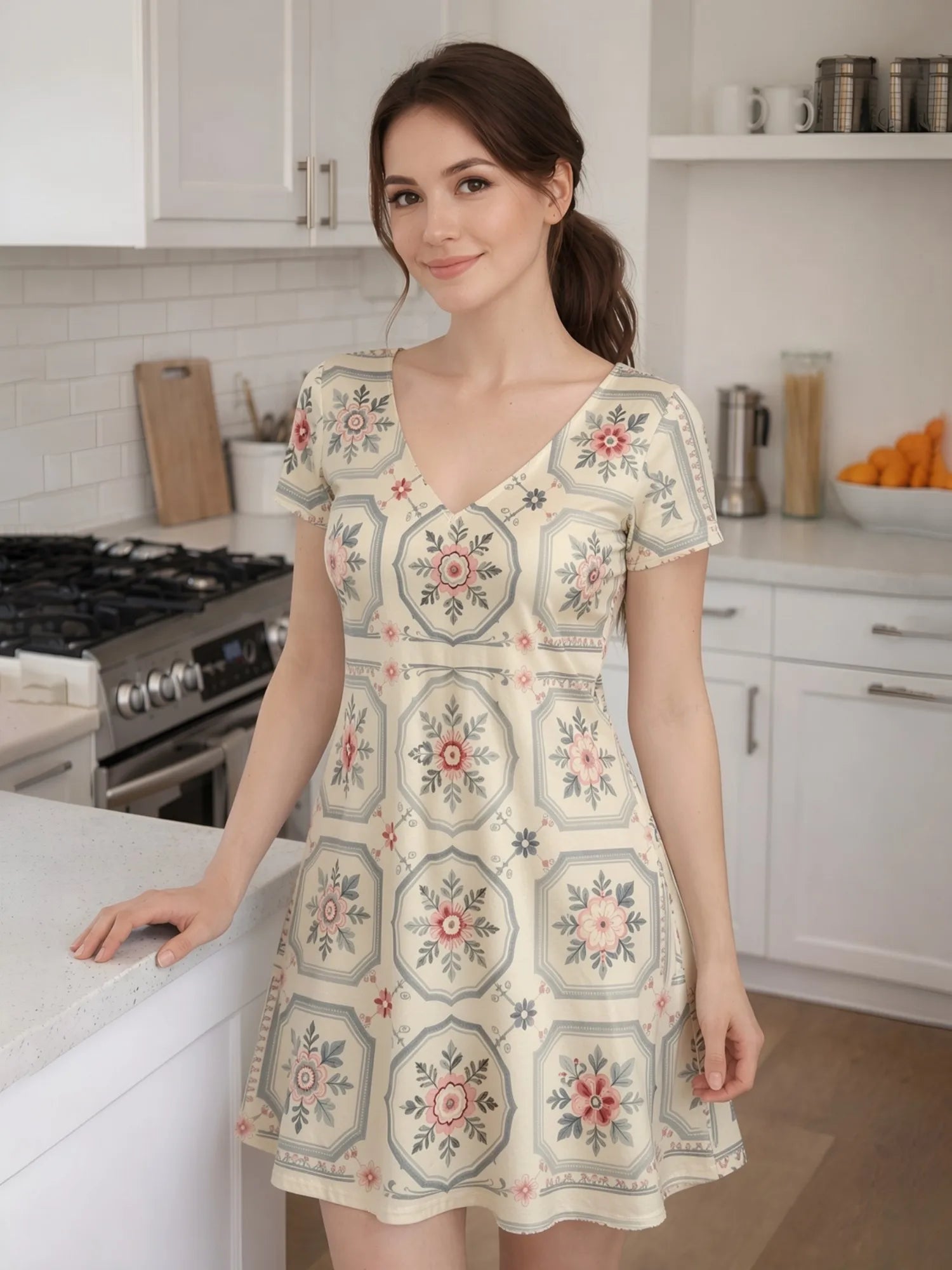 Womens V Neck Floral Print Short Sleeve Swing Dress Relaxed Fit Summer Mini Dress for Everyday Outings Travel and Summer Parties
