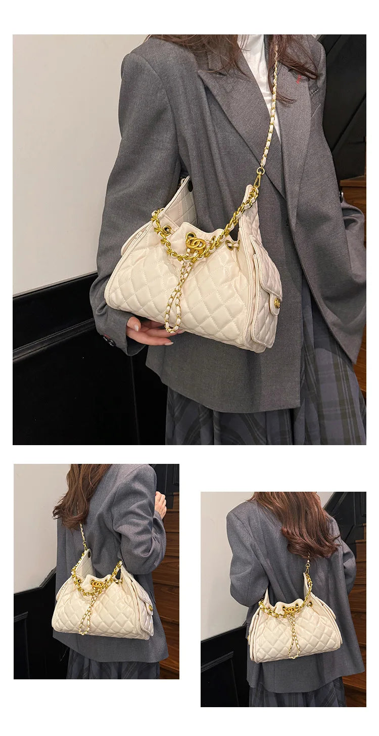 Quilted shoulder underarm bag, large-capacity hobo bag, bucket drawstring chain crossbody bag, women's handbag