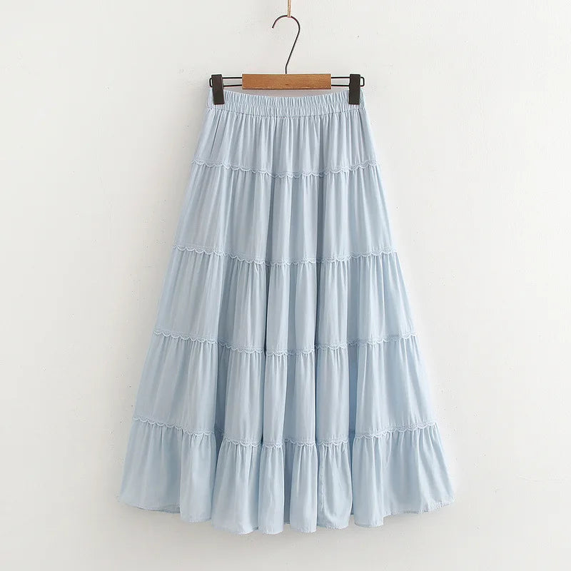New 2026 Summer Women Cotton Skirt, Elastic Waist Ruffles Patchwork, Mori Girl Fashion Sweet OL Chic Loose Cake Skirt B63026CC