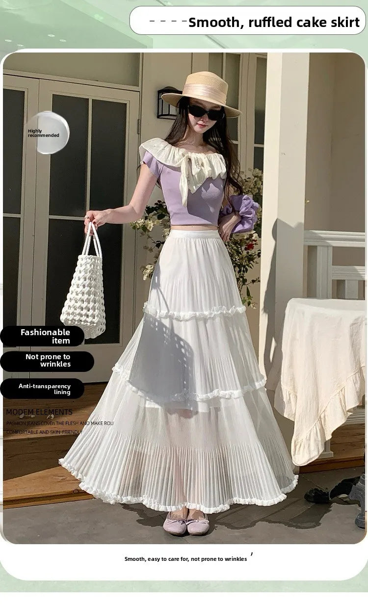 Sweet Pleated Half Skirt Korean Style Holiday Photo Long Atmosphere Spring Summer Cotton Blend Polyester Fiber Midi Skirt