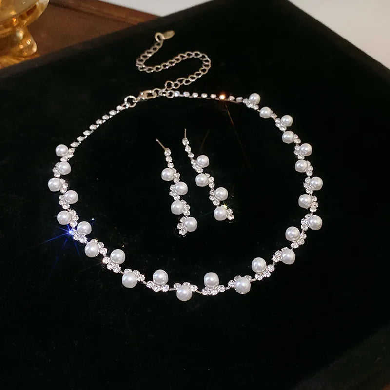 Women'S Fashion Necklace Earrings Set Rhinestone Wedding Accessories Bridal Lady Dangle Earring Pendant Elegant Jewellery Sets