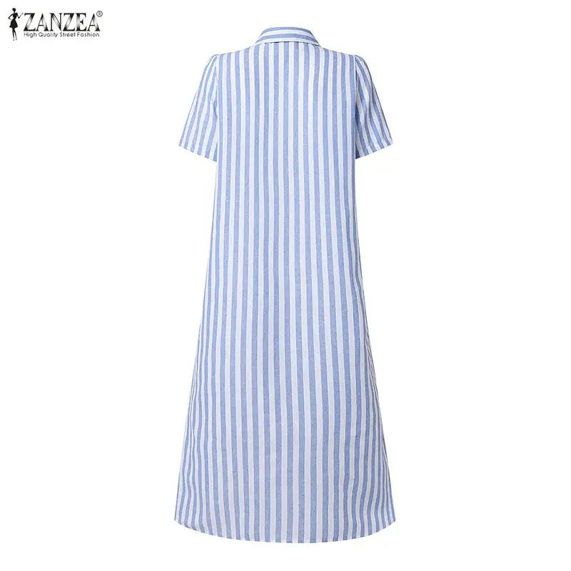 Summer Casual Short Sleeve Striped Midi Dress Women Turn-Down Collar Ruffled Hem Dresses ZANZEA Everyday Wear A-Line Vestidos