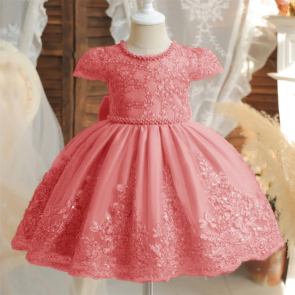 Beading Luxury Short Sleeve Lace Appliques A Line Formal Communion Girl Dress Bow Floor Length Princess Flower Girl Gown New