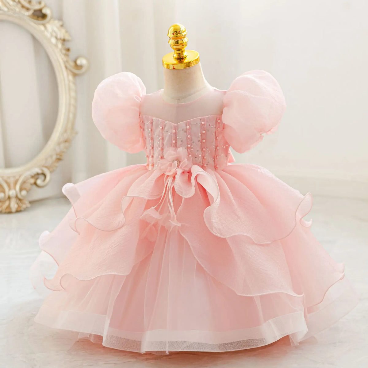 HETISO New Beauty Pageant Dress For Baby Toddler Girl Beading Puff Sleeve Kids Birthday First Christmas Ball Gown 1-4 Years