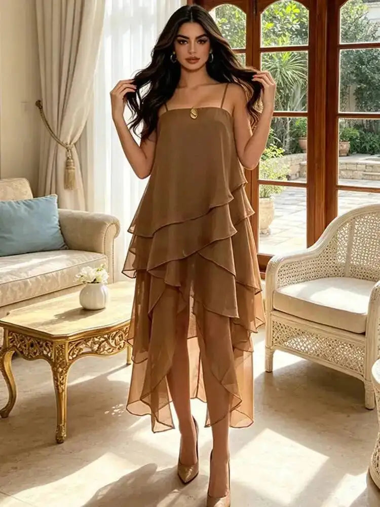 DEAT Women Spaghetti Strap Tiered Ruffle Maxi Dress Asymmetrical Hem Loose Fit Lightweight Chiffon Casual Breathable 2026 New