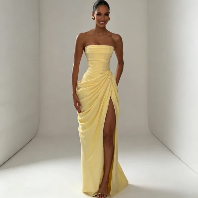 Elegant Strapless Ruched Maxi Dress Sexy Backless Lace Up Cinched Waist Slit Draped Bodycon Dresses Cocktail Party Evening Gown