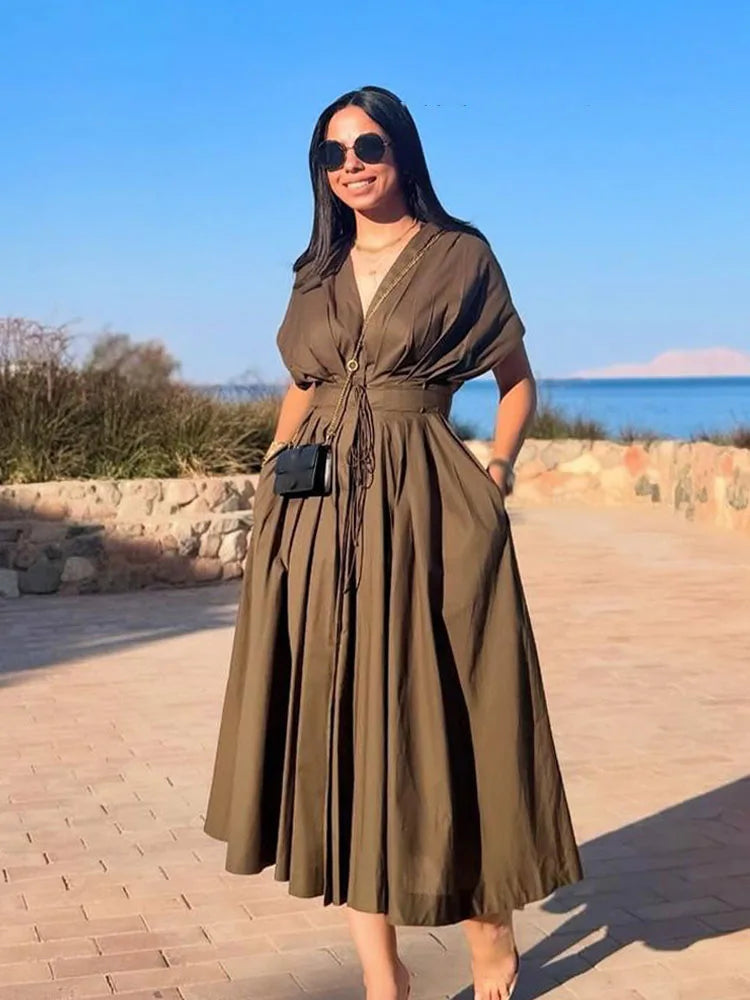 Solid V-Neck Short Sleeve Bow Lace-Up Single-Breasted Women's Fashion Casual Dress Female Summer Elegant Long Dress