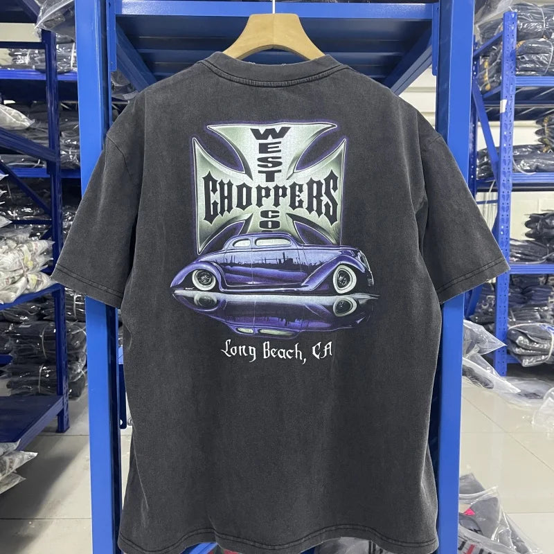 Summer Vintage West Coast Choppers Printed Washing T-Shirt Women'S Cotton Breathable Retro Biker Style Loose Fit Casual Streetwear