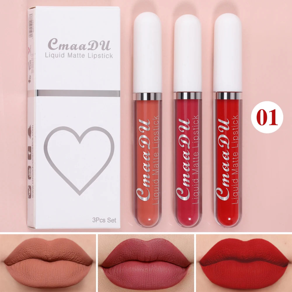 Cmaadu 3-Piece Matte Lipstick and Lip Gloss Set - Waterproof
