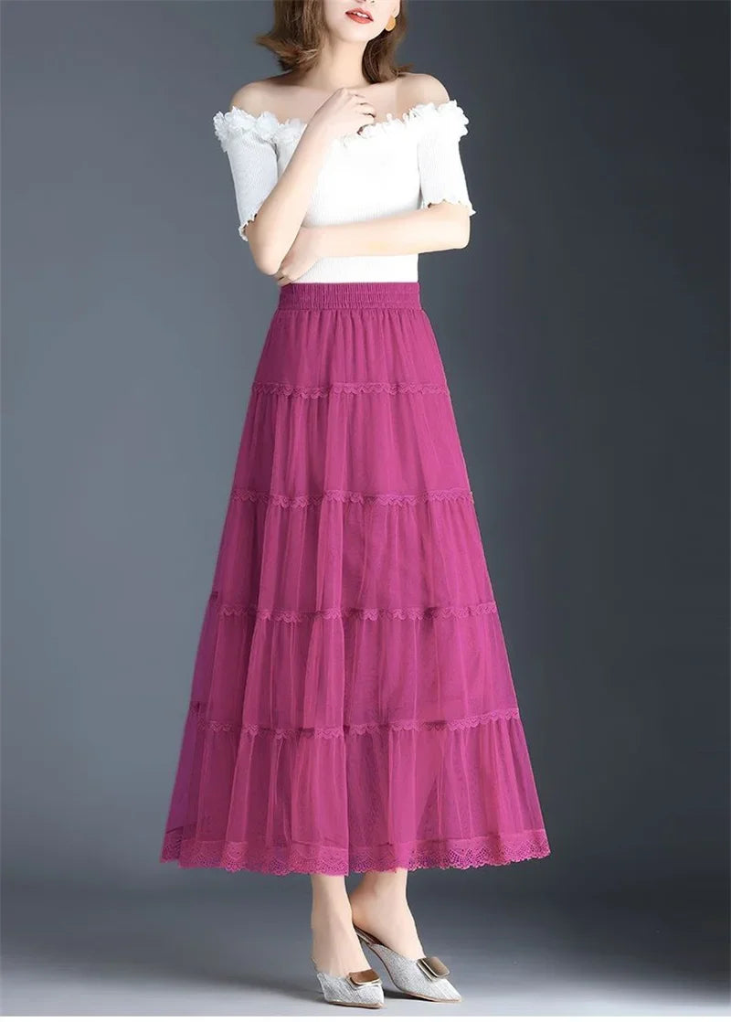 Pop Pop Long Tulle Skirt Women 2024 Spring Summer Elastic High Waist A-Line Mesh Pleated Puffy Skirt Female Elegant Lace Midi Sk