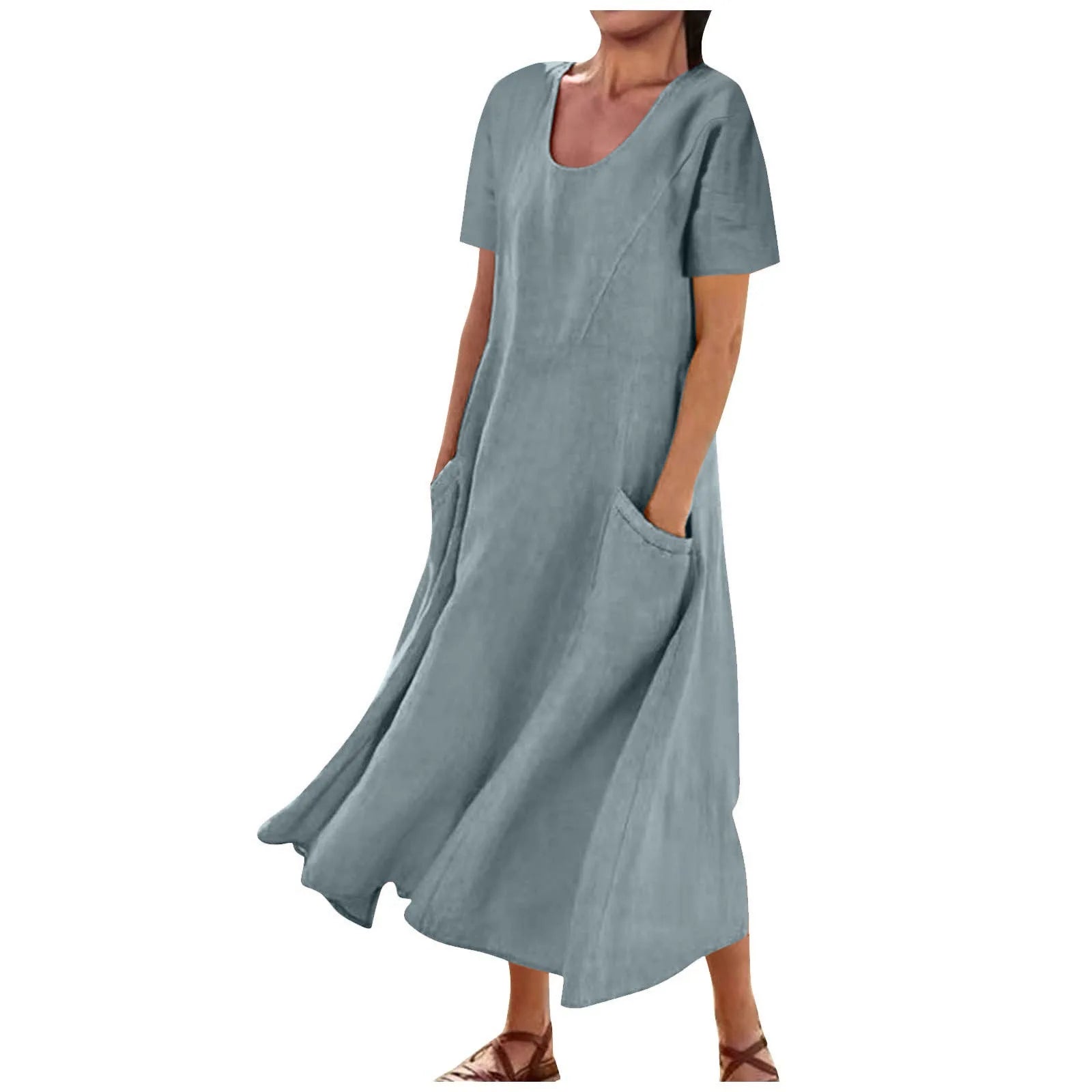 Women Solid Cotton Linen Round Neck Short Sleeve Loose Flowy Maxi Dress EU US Gown