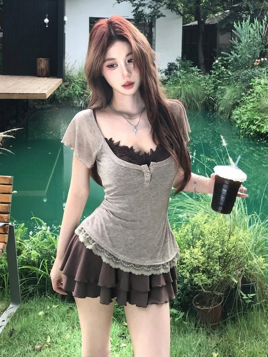 Lolita Style Japanese Sweet 2 Piece Set Woman Casual Slim Tops High Waist Elegant Y2k Mini Dress Fashion Set Chic