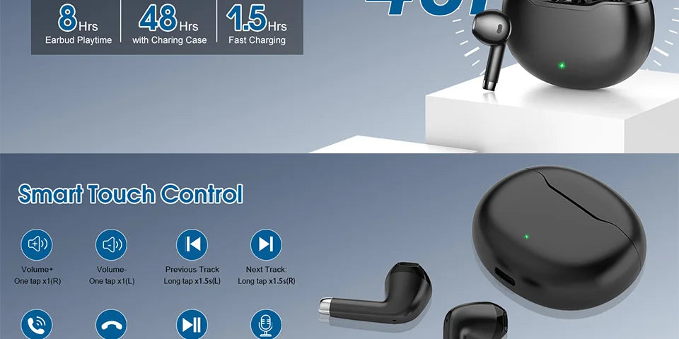 T6 Wireless Earbuds Bluetooth 5.3 ANC Active Noise Cancelling Headphones 48H Playtime IPX7 Waterproof HiFi Deep Bass in-Ear Sport Earphones with HD Mic for iPhone Samsung Android.