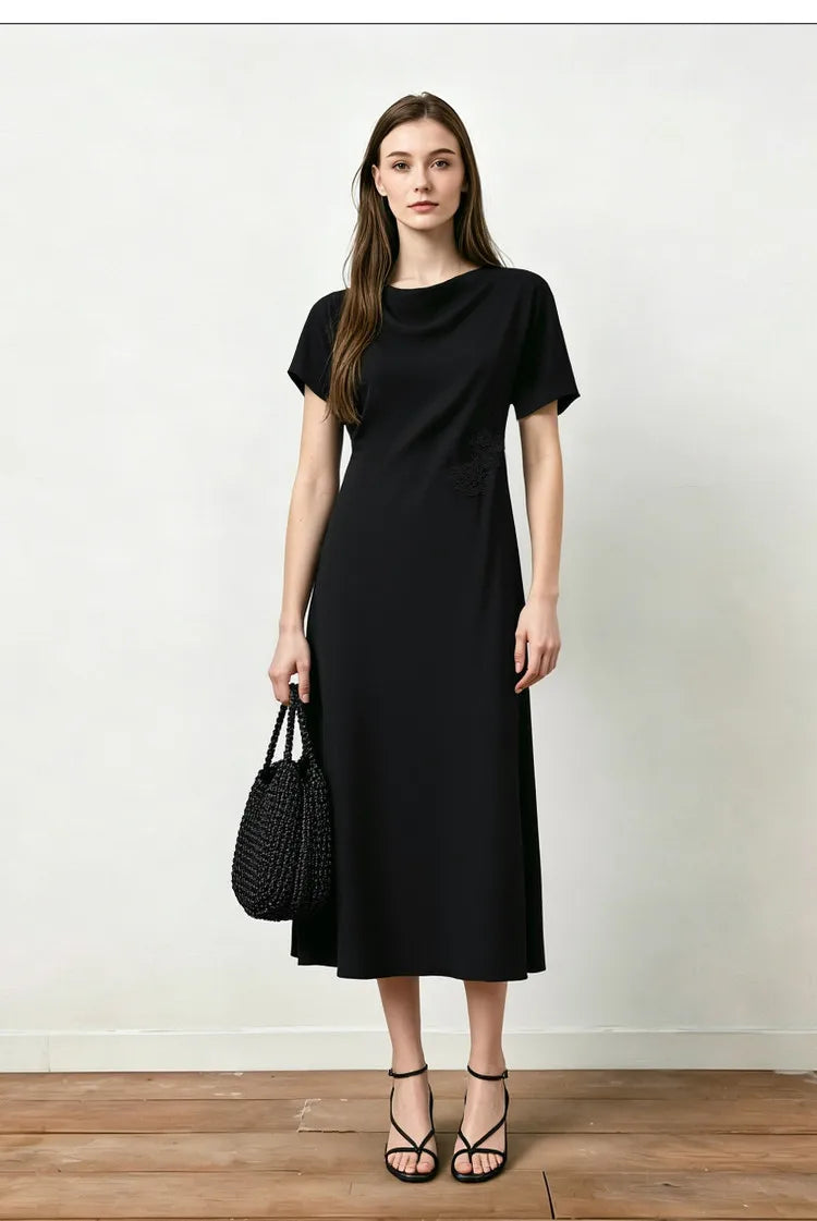 Amii Women’s Dress 2026 Summer New Asymmetric Dolman Sleeve Cowl Neck Lace Slim Fit Elegant Midi A-Line Dress For Women 12642108