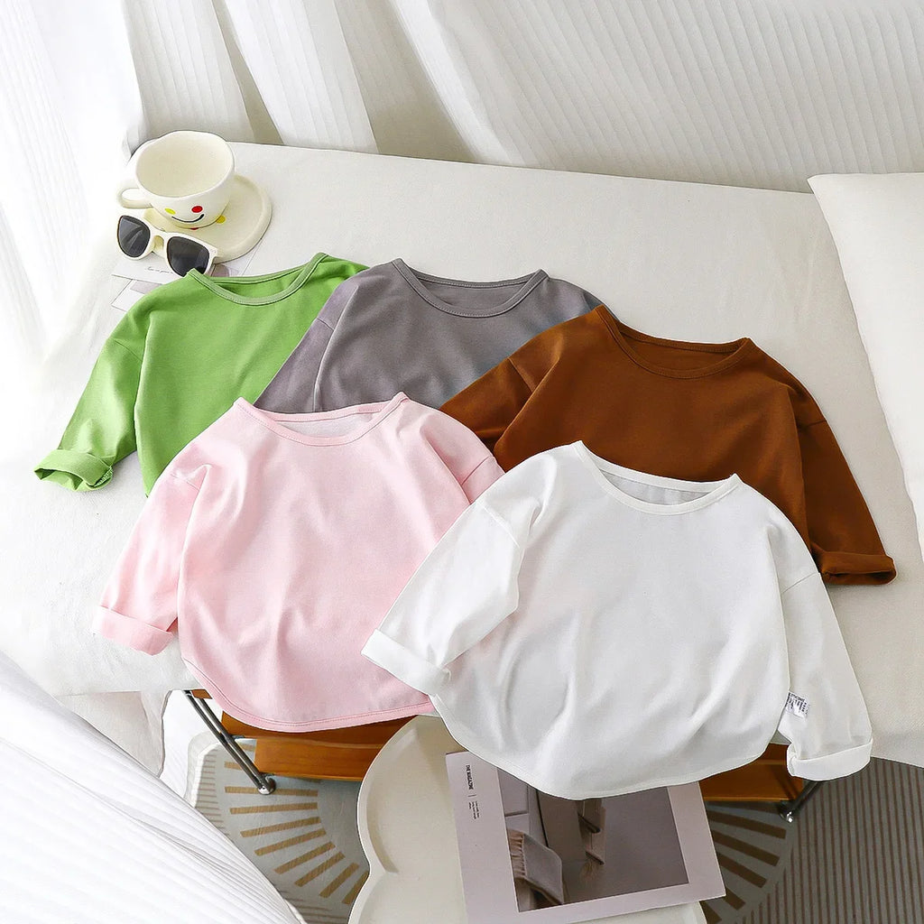 Children Simple Casual Long Sleeves T-shirt Kid Cotton Tops Unique Tees Autumn Spring Boy Girl Baby O-neck Solid Bottoming Shirt