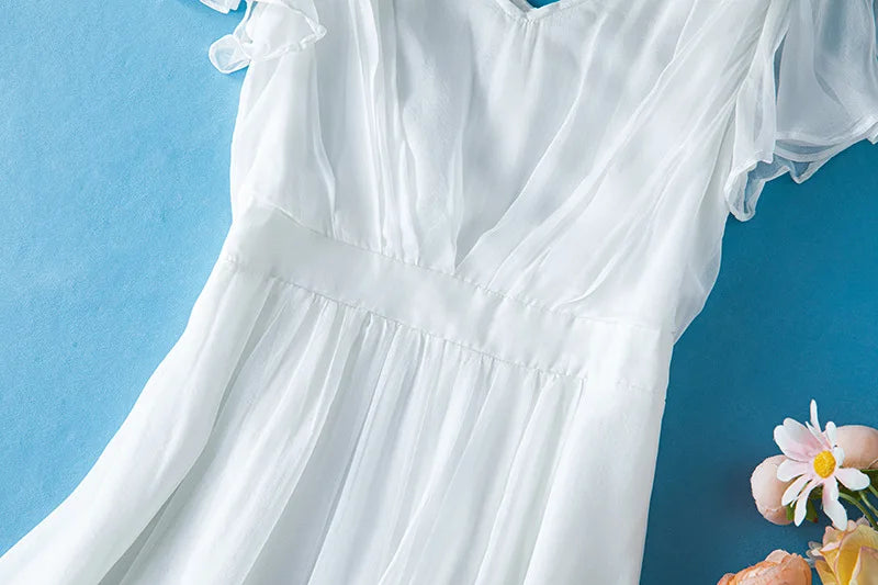 Winsleter-Women 100%Real Silk Elegant Dress, V Neck Flying Sleeve Ruffles, Beach Vacation Bohemia Dresses, 2025 Summer D55404CC