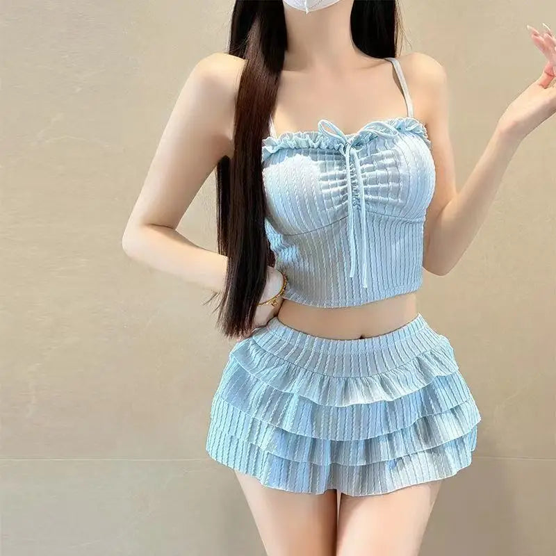 Sweet Sister Two-Piece Swimsuit Female Cake Skirt Slimming Female Polyester Fabric with Chest Pad No Steel Support