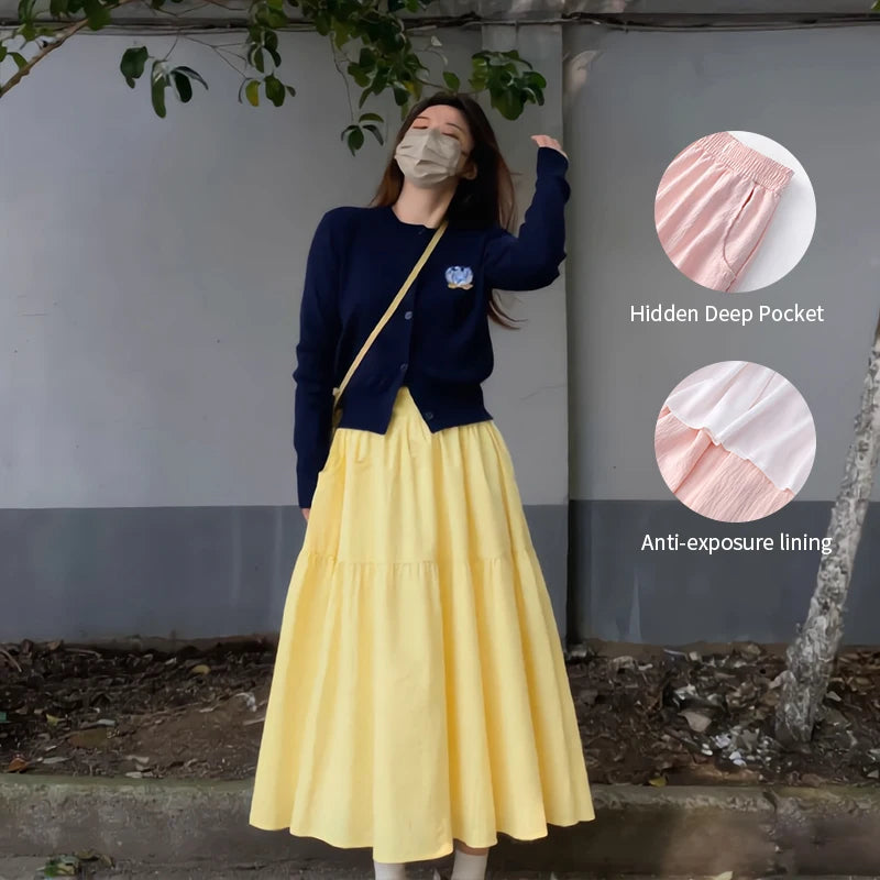 Summer Women Skirts Vintage High Waist Elastic Patchwork White Long skirt Chic pink skirt Long Cake A-line Skirt