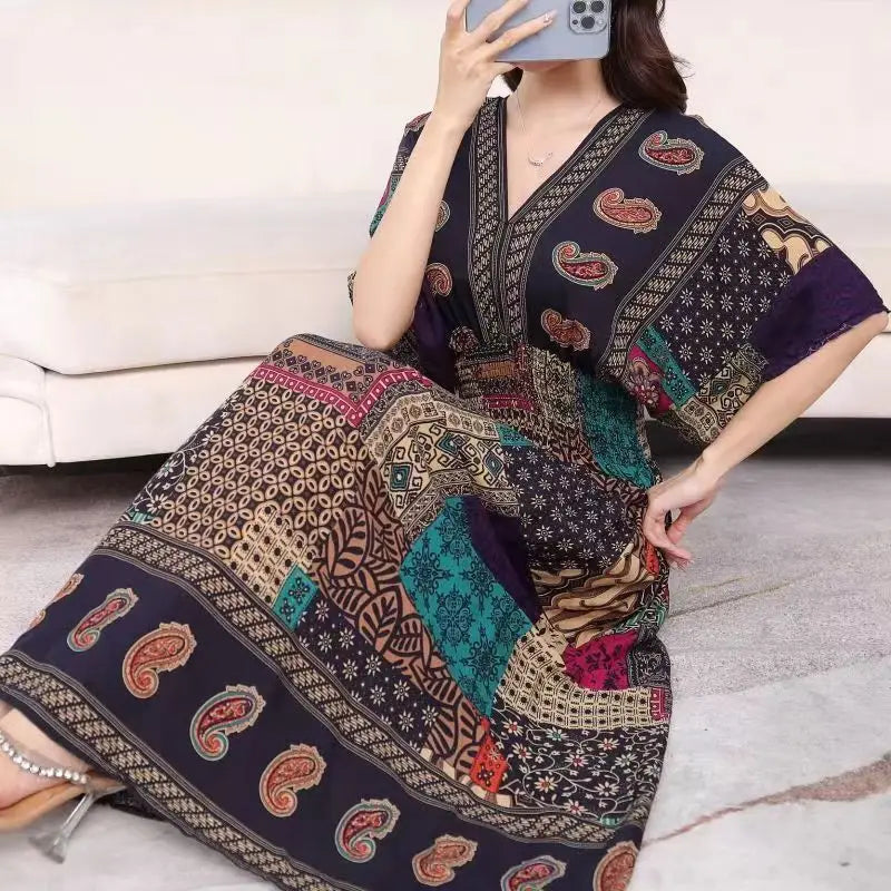 Summer New Casual Elegant Retro Bohemian Style V-neck Elastic Waist Large Swing Printed Long Skirt Autumn Summer Dress