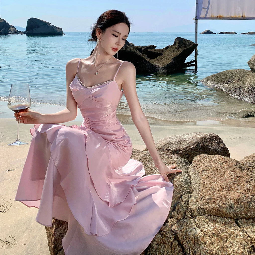 Elegant Women Spaghetti Strap Maxi Dress Rhinestone Trim Ruched Waist Ruffle Hem Pink Dress For Cocktail Party Wedding Guest