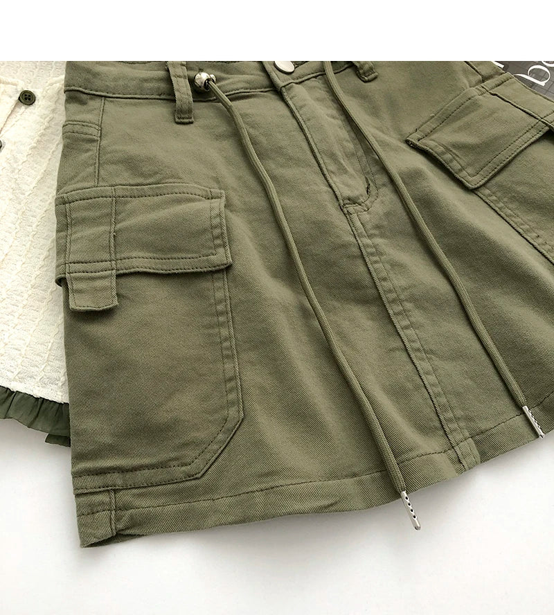 Retro High Waist Denim  Skirt Women's Spring Summer Autumn Casual Drawstring Anti-Light Short Skirt Polyester Fiber