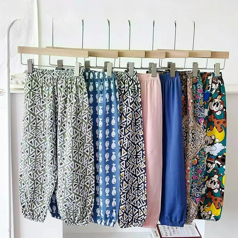 Children's Unisex Ice Silk Casual Pants - Cartoon Print Summer Home