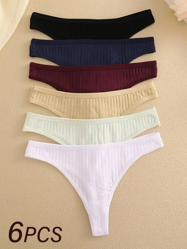 Conjunto de tangas de algodón para mujer, acanaladas, de tiro bajo, estilo bikini, 6 unidades, colores sólidos suaves, S-XL
