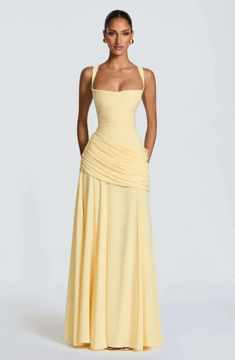 Elegant Strapless Ruched Maxi Dress Sexy Backless Lace Up Cinched Waist Slit Draped Bodycon Dresses Cocktail Party Evening Gown